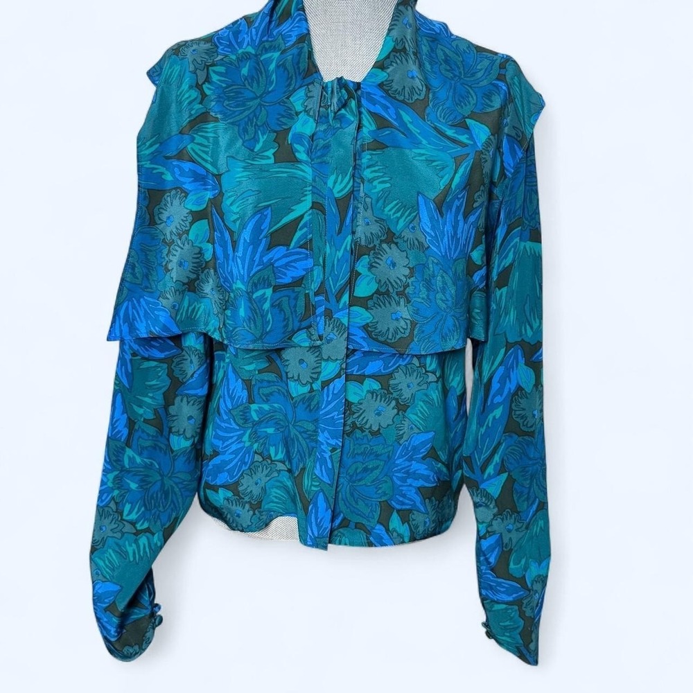 Torrente Paris Floral Cape Collar 100% Silk Top Blue Vintage French Girl EST M
